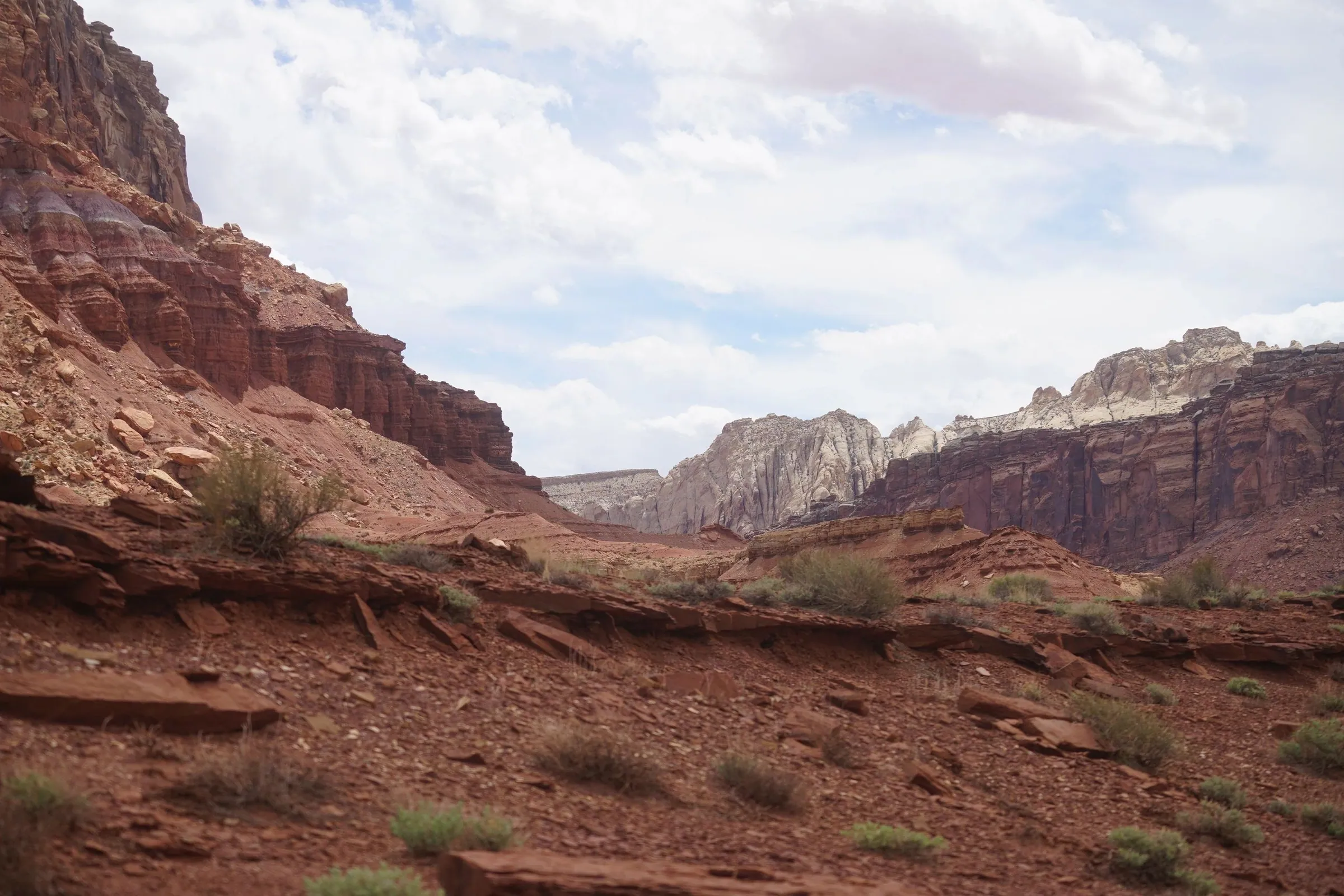 Red rock canyon cliffs above a desert valley