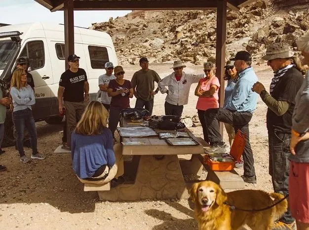 Guests gathered at a picnic shelter with a golden retriever