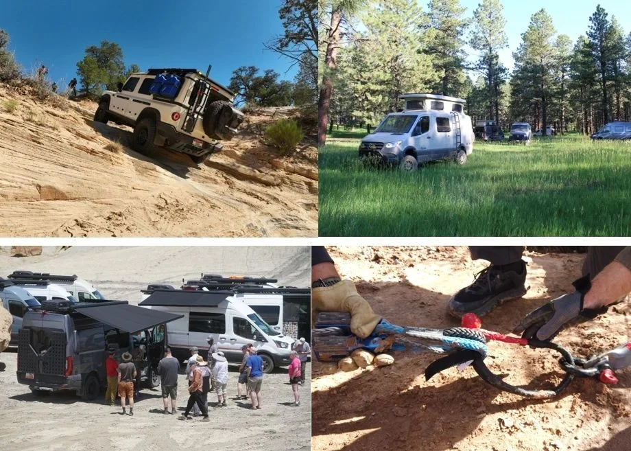 Four moments from Voyager trips: a van climbing a sand dune, a silver van camped in a forest clearing, guests gathered around vans in the desert, and hands rigging a recovery rope